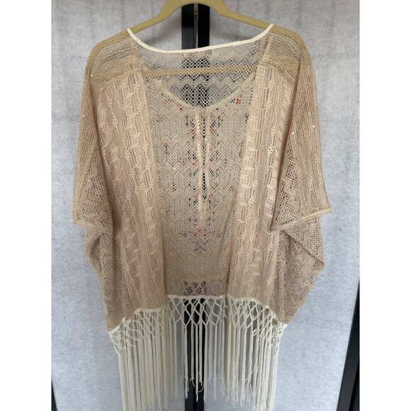 Miss Me Womens Large Beige Crochet Fringe Kimono BOHO Embroidered Details & Tass - Picture 3 of 7